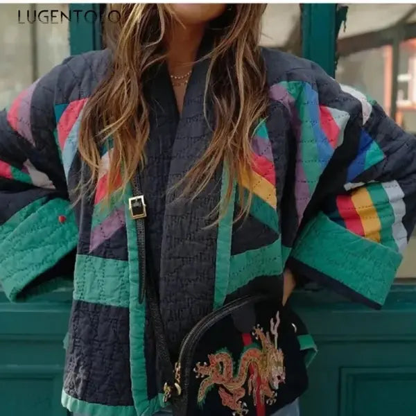 Women’s Casual Fall-Winter Parka – Vintage Geometric Print Kimono Cardigan with Lapel