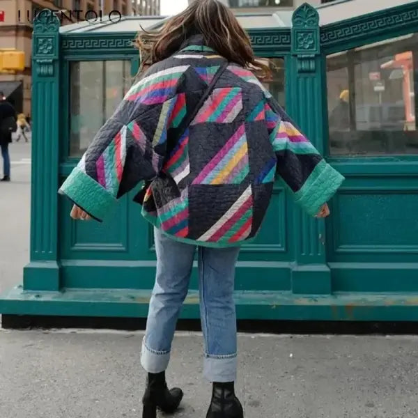 Women’s Casual Fall-Winter Parka – Vintage Geometric Print Kimono Cardigan with Lapel