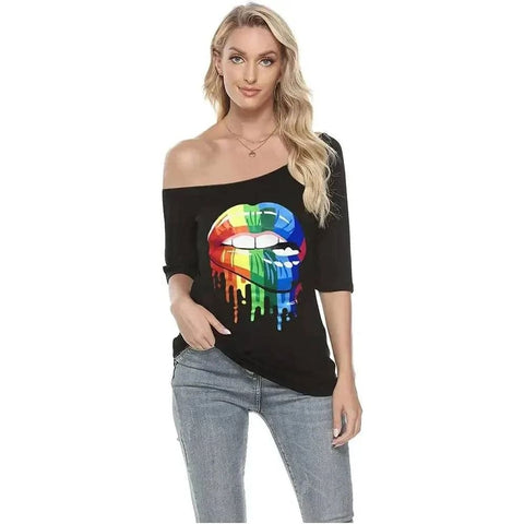 Women Casual Plus Size T-Shirt - Trendy Lips Print Off Shoulder