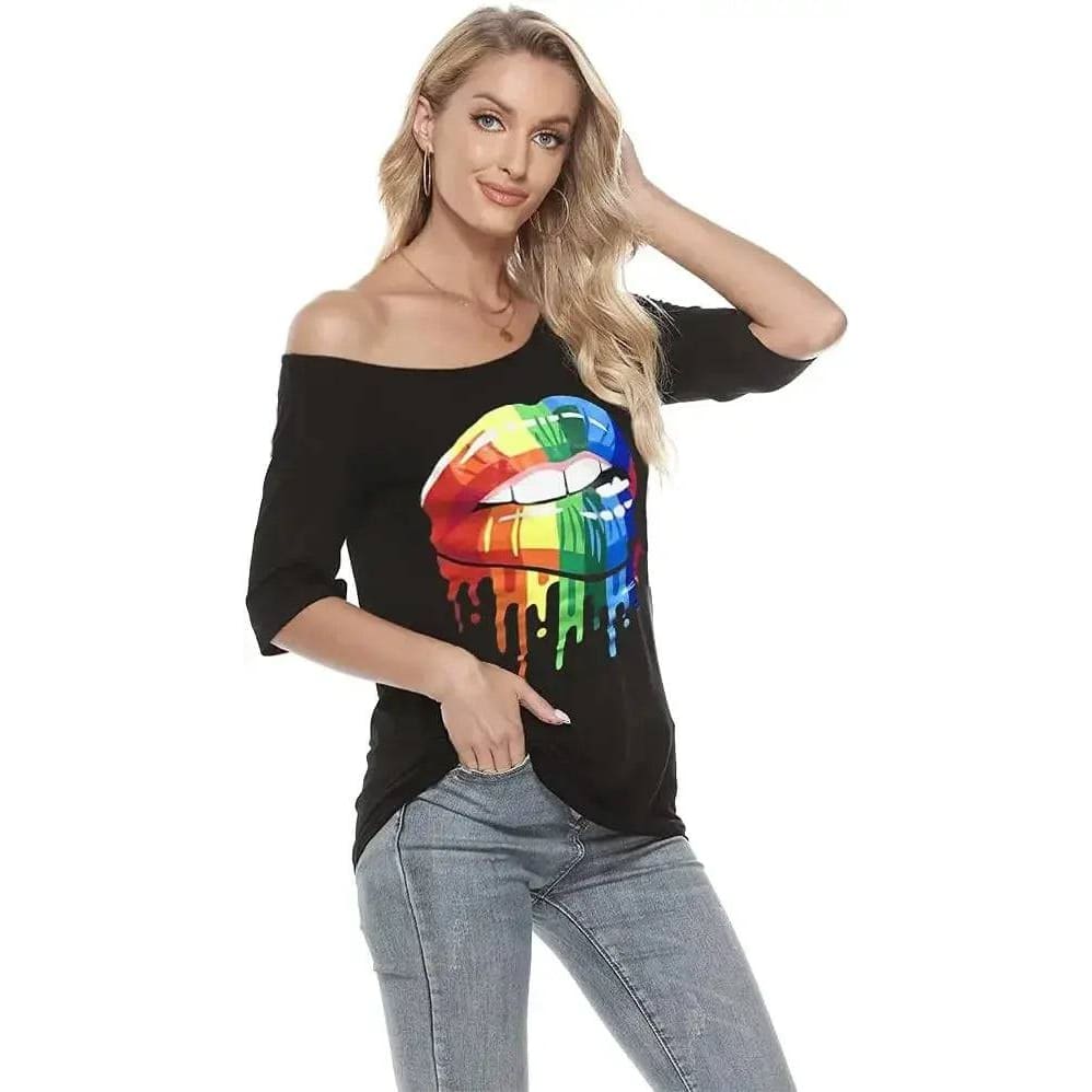 Women Casual Plus Size T-Shirt - Trendy Lips Print Off Shoulder