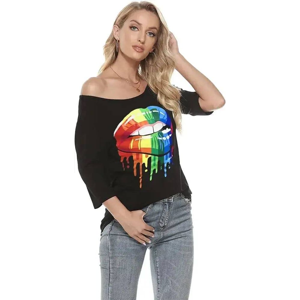 Women Casual Plus Size T-Shirt - Trendy Lips Print Off Shoulder