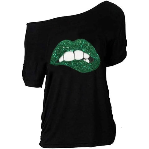 Women Casual Plus Size T-Shirt - Trendy Lips Print Off Shoulder - Black / M