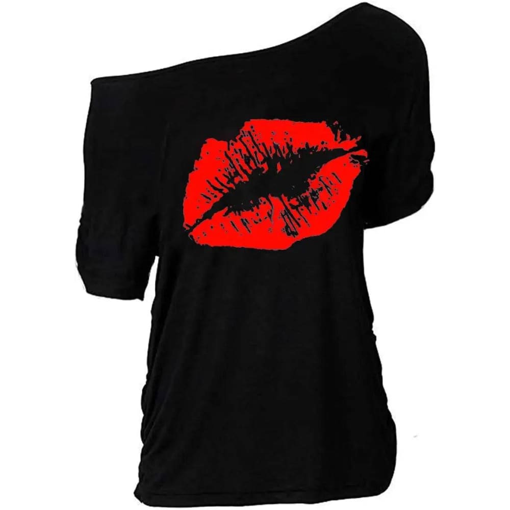 Women Casual Plus Size T-Shirt - Trendy Lips Print Off Shoulder - DEEP BLUE / M