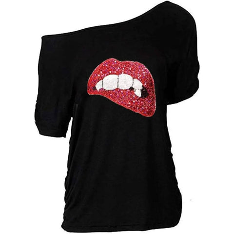 Women Casual Plus Size T-Shirt - Trendy Lips Print Off Shoulder - Green / M