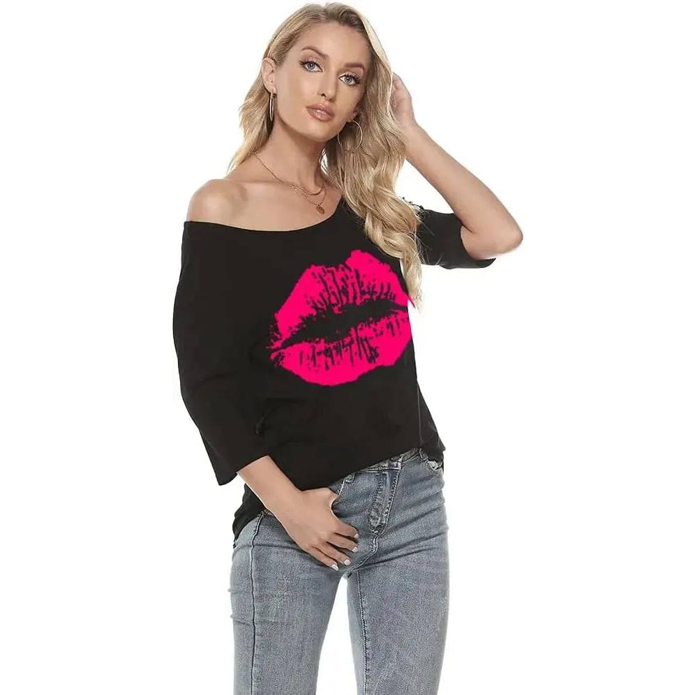 Women Casual Plus Size T-Shirt - Trendy Lips Print Off Shoulder - MULTI / XXL