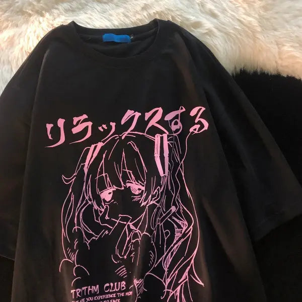 Women’s Y2K Harajuku Graphic T-Shirt – Oversized Japanese Anime Print Kawaii Plus Size Top - black / XXXL