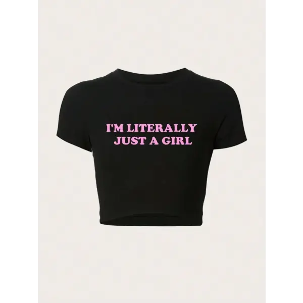 Casual Girl Letter Print Summer Short Sleeve Polyester Tee Top - black-TM136-1 Luqi / S