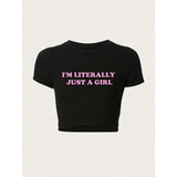 Casual Girl Letter Print Summer Short Sleeve Polyester Tee Top - black-TM136-1 Luqi / S
