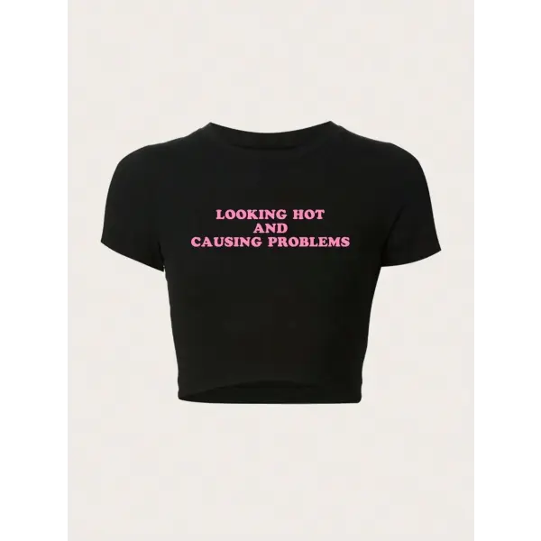 Casual Girl Letter Print Summer Short Sleeve Polyester Tee Top - black-TM136-2 Luqi / M