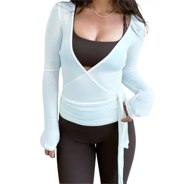 Women Cross Wrap Tie Crop Tops Yoga Shirts Long Sleeve Deep V Neck Solid Color Slim Fit Shirts Ladies Yoga Workout