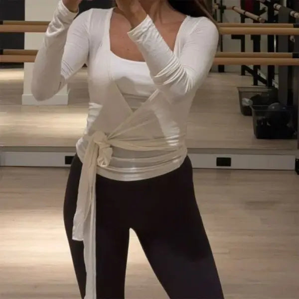 Women Cross Wrap Tie Crop Tops Yoga Shirts Long Sleeve Deep V Neck Solid Color Slim Fit Shirts Ladies Yoga Workout