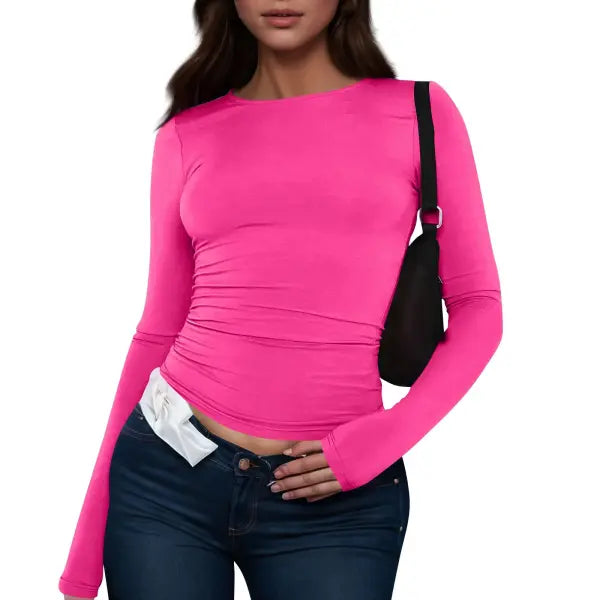 Women Long Sleeve T-Shirt Casual Minimalist Style Solid Color Top - Hot Pink / S
