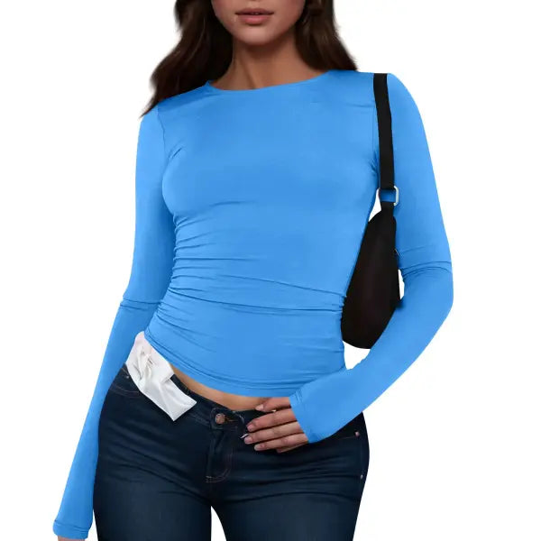 Women Long Sleeve T-Shirt Casual Minimalist Style Solid Color Top - Blue / S