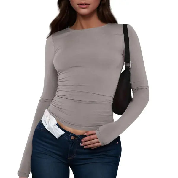 Women Long Sleeve T-Shirt Casual Minimalist Style Solid Color Top - Light Gray / S