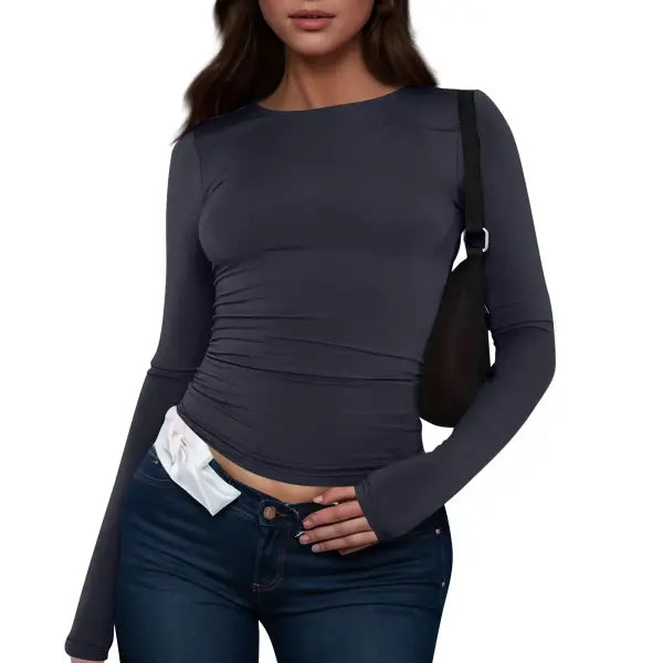 Women Long Sleeve T-Shirt Casual Minimalist Style Solid Color Top - Navy / S