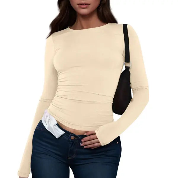 Women Long Sleeve T-Shirt Casual Minimalist Style Solid Color Top - Beige / S
