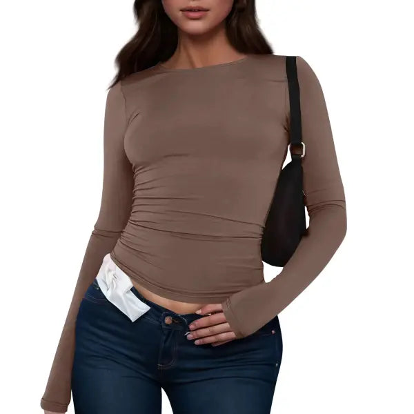 Women Long Sleeve T-Shirt Casual Minimalist Style Solid Color Top - Brown / S