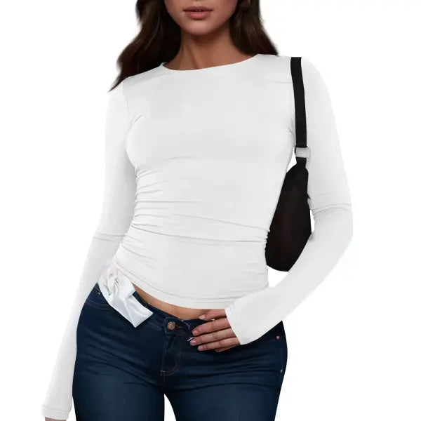 Women Long Sleeve T-Shirt Casual Minimalist Style Solid Color Top - White / S