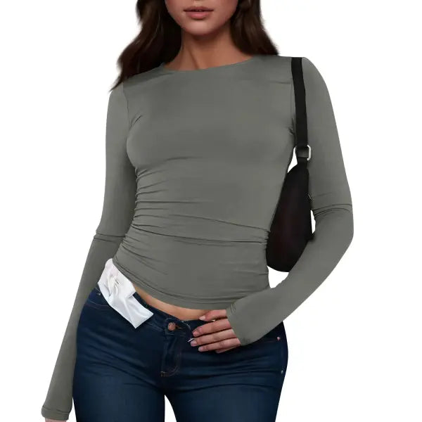 Women Long Sleeve T-Shirt Casual Minimalist Style Solid Color Top - Gray / S