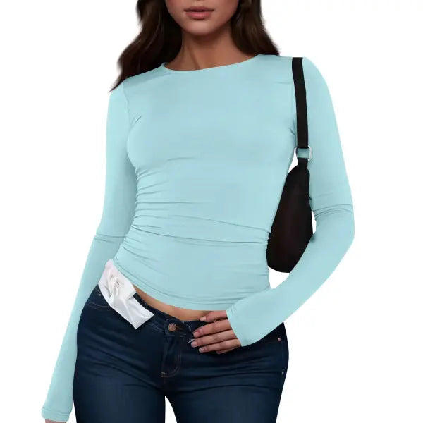 Women Long Sleeve T-Shirt Casual Minimalist Style Solid Color Top - Light Blue / L