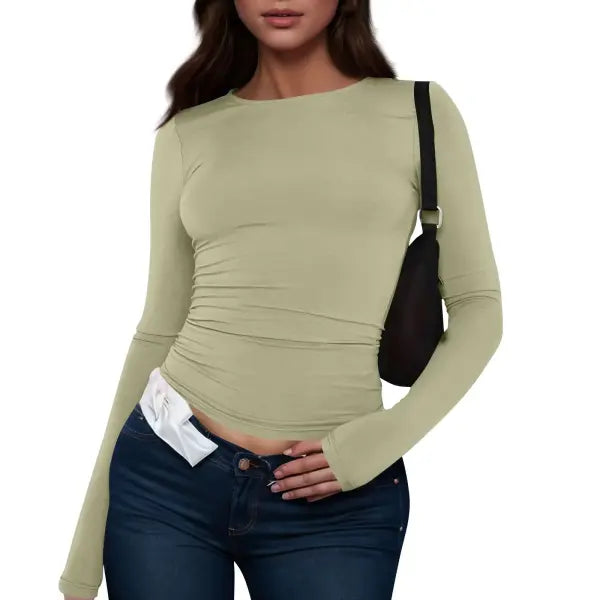 Women Long Sleeve T-Shirt Casual Minimalist Style Solid Color Top - Green / S