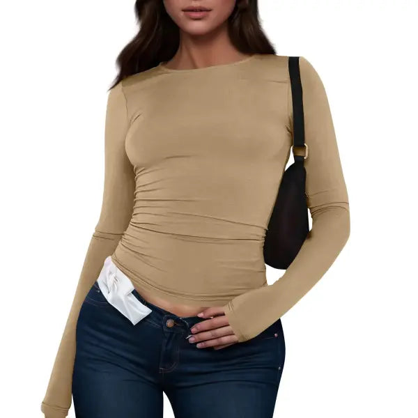Women Long Sleeve T-Shirt Casual Minimalist Style Solid Color Top - Coffee / S