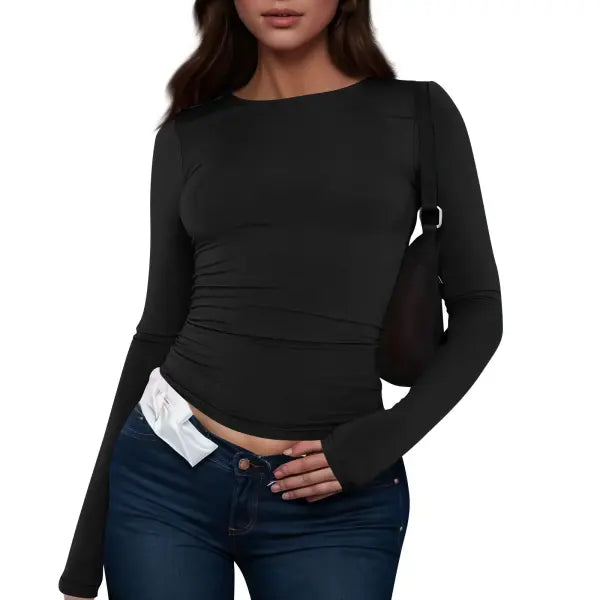 Women Long Sleeve T-Shirt Casual Minimalist Style Solid Color Top - Black / L