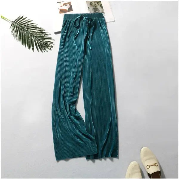 Women Fashion Summer Wide Leg Pants Pleated Ice Silk Trousers Elastic Waist Loose Casual Pants - Malachite Blue