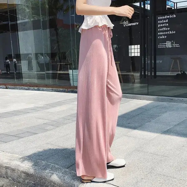Women Fashion Summer Wide Leg Pants Pleated Ice Silk Trousers Elastic Waist Loose Casual Pants - Pink / One Size