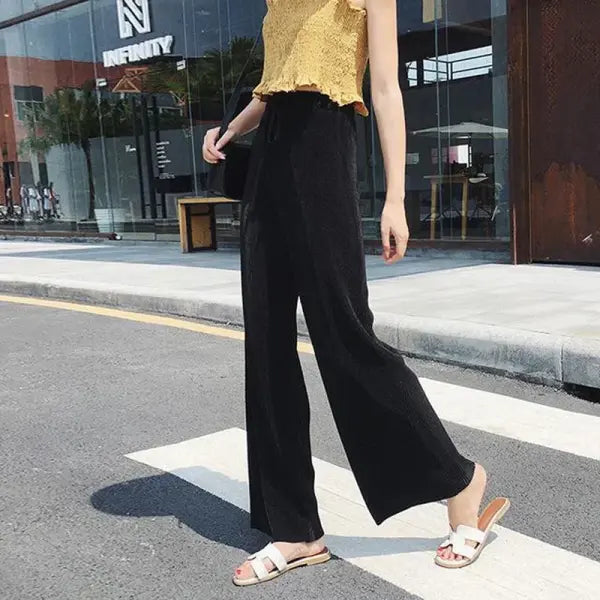 Women’s Summer Ice Silk Wide-Leg Pants: Pleated Elastic-Waist Loose Casual Trousers - black / One Size
