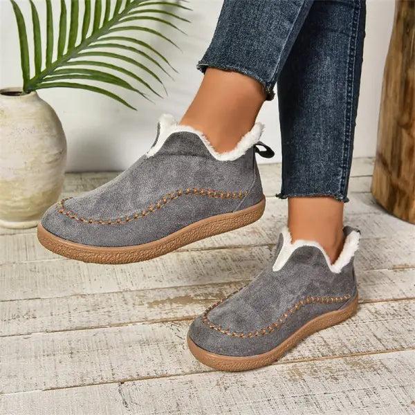Women Fashion V cut Suede Plush Ankle Boots winter Snow Shoes - Dark Grey / Size36