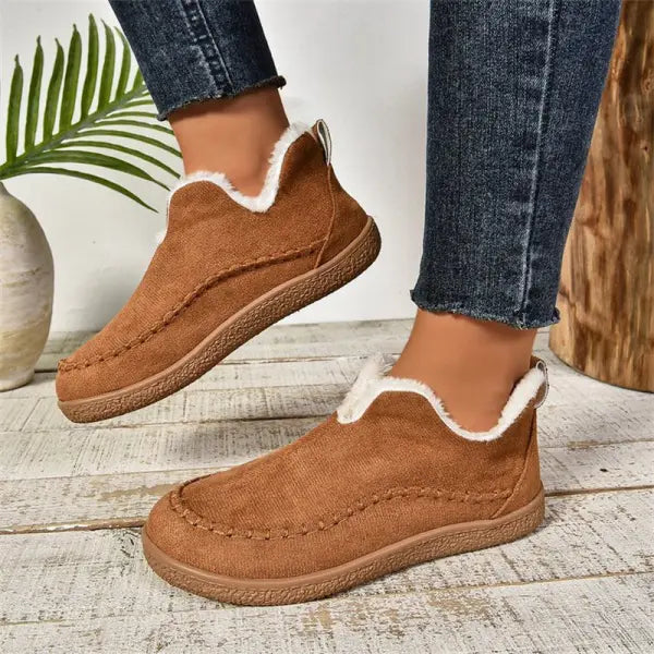 Women Fashion V cut Suede Plush Ankle Boots winter Snow Shoes - Light Brown / Size36