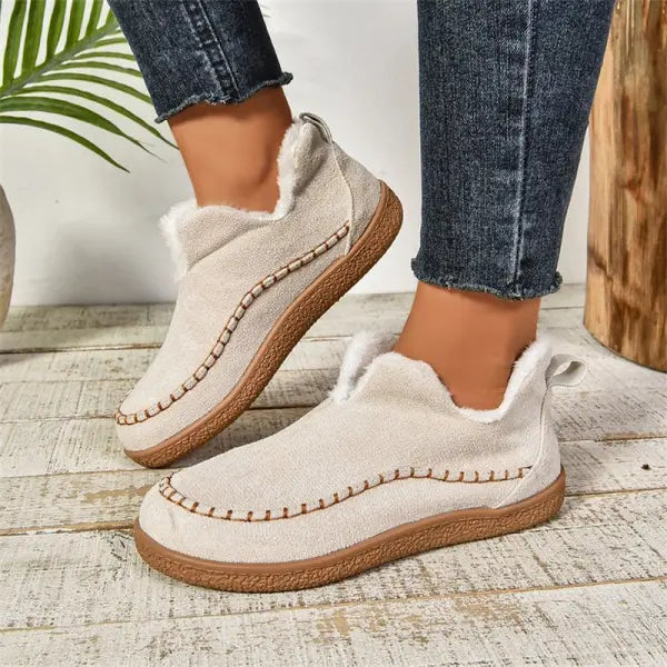 Women Fashion V cut Suede Plush Ankle Boots winter Snow Shoes - Milky White / Size36