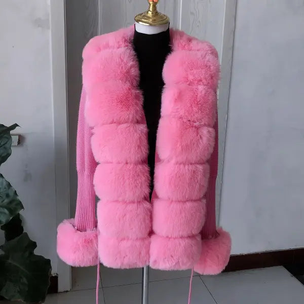 Women’s Faux Fur Knit Sweater Cardigan – Elegant Spring/Autumn Coat with Faux Fox Fur Collar - pink2 / L 96cm / CHINA