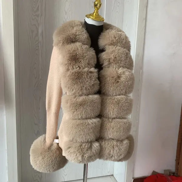 Women’s Faux Fur Knit Sweater Cardigan – Elegant Spring/Autumn Coat with Faux Fox Fur Collar