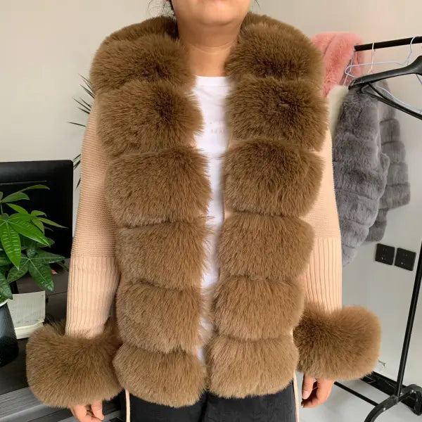 Women’s Faux Fur Knit Sweater Cardigan – Elegant Spring/Autumn Coat with Faux Fox Fur Collar - Khaki / L 96cm / CHINA