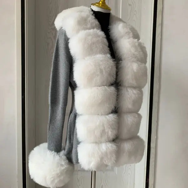 Women’s Faux Fur Knit Sweater Cardigan – Elegant Spring/Autumn Coat with Faux Fox Fur Collar - dark grey 2 / M 92cm