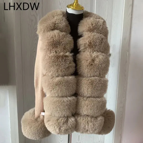 Women’s Faux Fur Knit Sweater Cardigan – Elegant Spring/Autumn Coat with Faux Fox Fur Collar