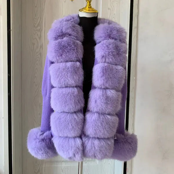 Women’s Faux Fur Knit Sweater Cardigan – Elegant Spring/Autumn Coat with Faux Fox Fur Collar - violet / S 88cm / CHINA