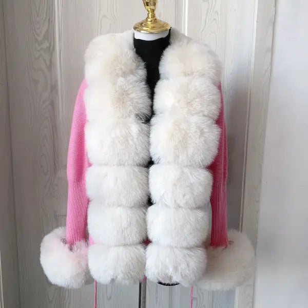 Women’s Faux Fur Knit Sweater Cardigan – Elegant Spring/Autumn Coat with Faux Fox Fur Collar - pink1 / S 88cm / CHINA