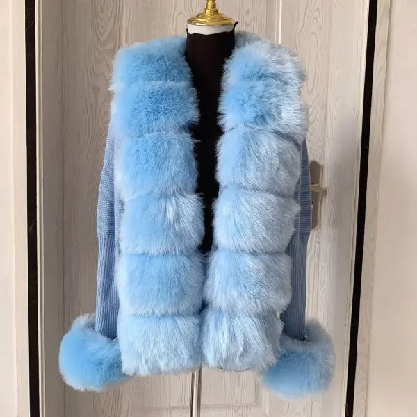 Women’s Faux Fur Knit Sweater Cardigan – Elegant Spring/Autumn Coat with Faux Fox Fur Collar - blue / XXL 104cm / CHINA