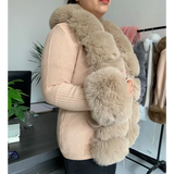 Women’s Faux Fur Knit Sweater Cardigan – Elegant Spring/Autumn Coat with Faux Fox Fur Collar