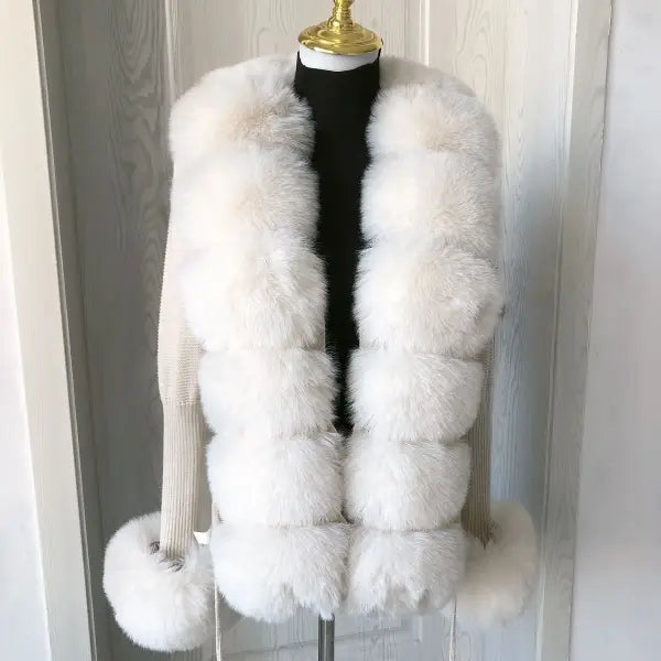 Women’s Faux Fur Knit Sweater Cardigan – Elegant Spring/Autumn Coat with Faux Fox Fur Collar - creamy-white1 / XXL