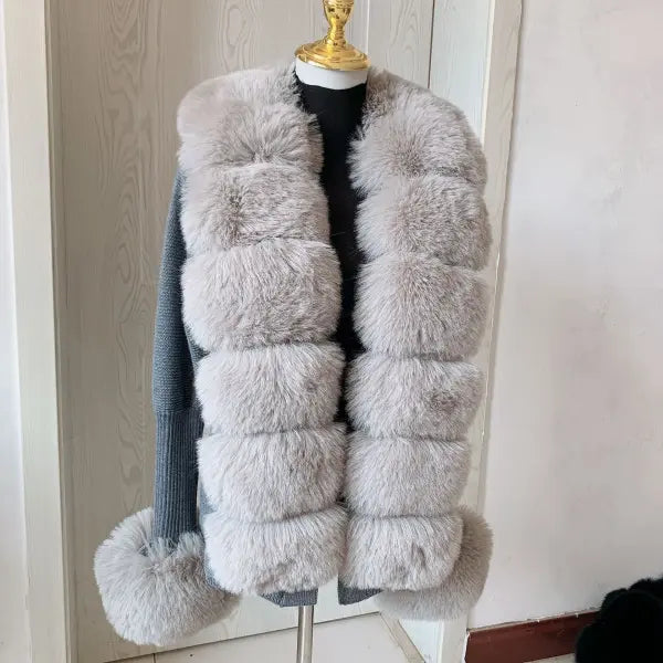 Women’s Faux Fur Knit Sweater Cardigan – Elegant Spring/Autumn Coat with Faux Fox Fur Collar - dark grey / XXL 104cm