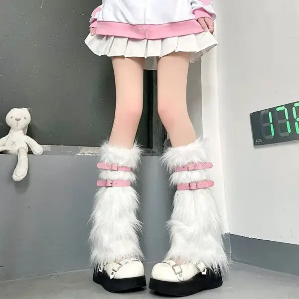 Women’s Faux Fur Leg Warmers: Harajuku Lolita Punk Boot Covers & Y2K JK Style Leggings - pink Belt 40cm / as picture