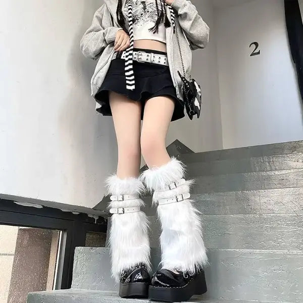 Women’s Faux Fur Leg Warmers: Harajuku Lolita Punk Boot Covers & Y2K JK Style Leggings - white Belt 40cm / as picture