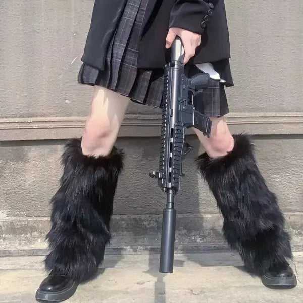 Women’s Faux Fur Leg Warmers: Harajuku Lolita Punk Boot Covers & Y2K JK Style Leggings - black 40cm / as picture