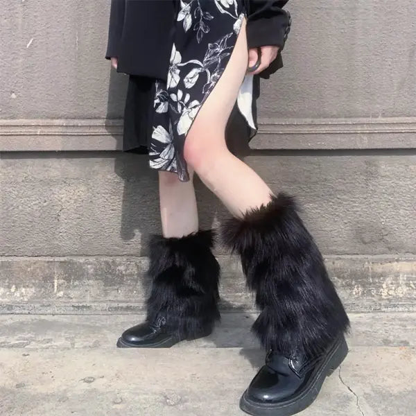 Women’s Faux Fur Leg Warmers: Harajuku Lolita Punk Boot Covers & Y2K JK Style Leggings - black 25cm / as picture