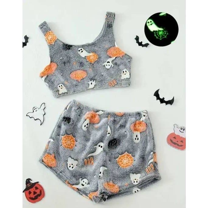 Women Halloween Pajamas - Luminous Flannel Sleepwear for Cozy Nights - Luminous Gray / L