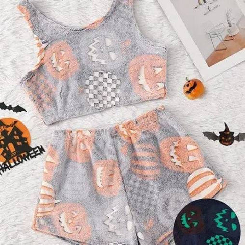 Women Halloween Pajamas - Luminous Flannel Sleepwear for Cozy Nights